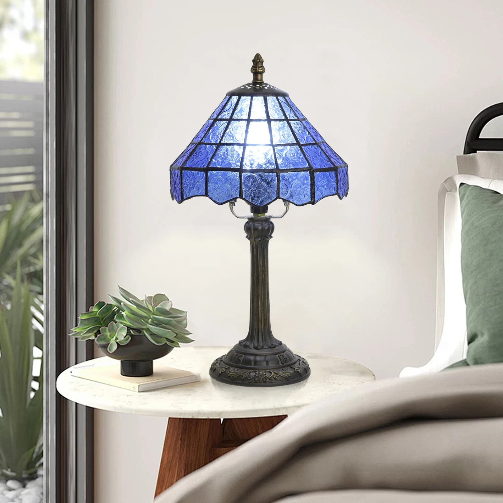 Lampada da Tavolo Moderna in Vetro Colorato, Luce da Lettura Blu Intenso per Comodino, Decorazione per Camera da Letto, Soggiorno, Ufficio