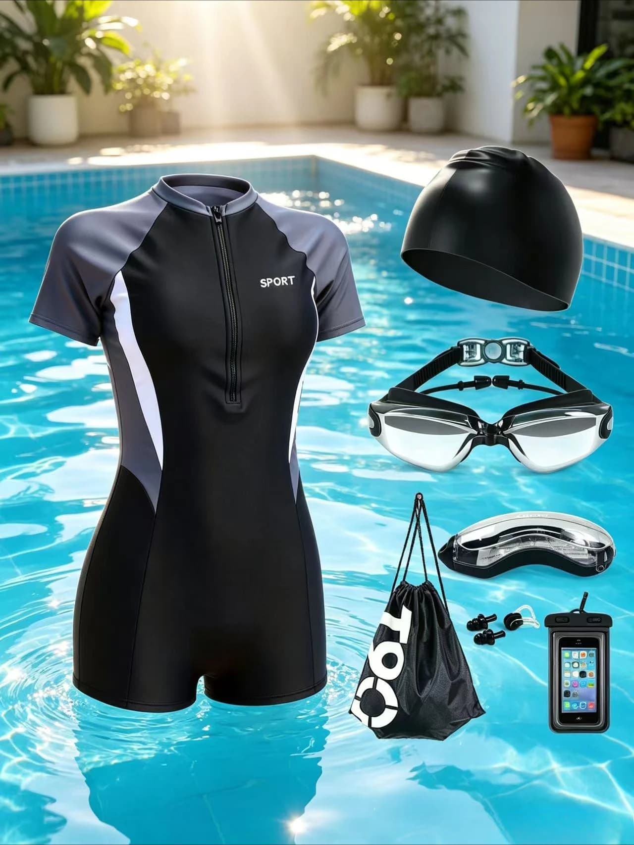Women's One-Piece Swimsuit Set Short Sleeve Conservative Bathing Suit with Swim Cap Goggles Waterproof Bag for Swimming and Spa