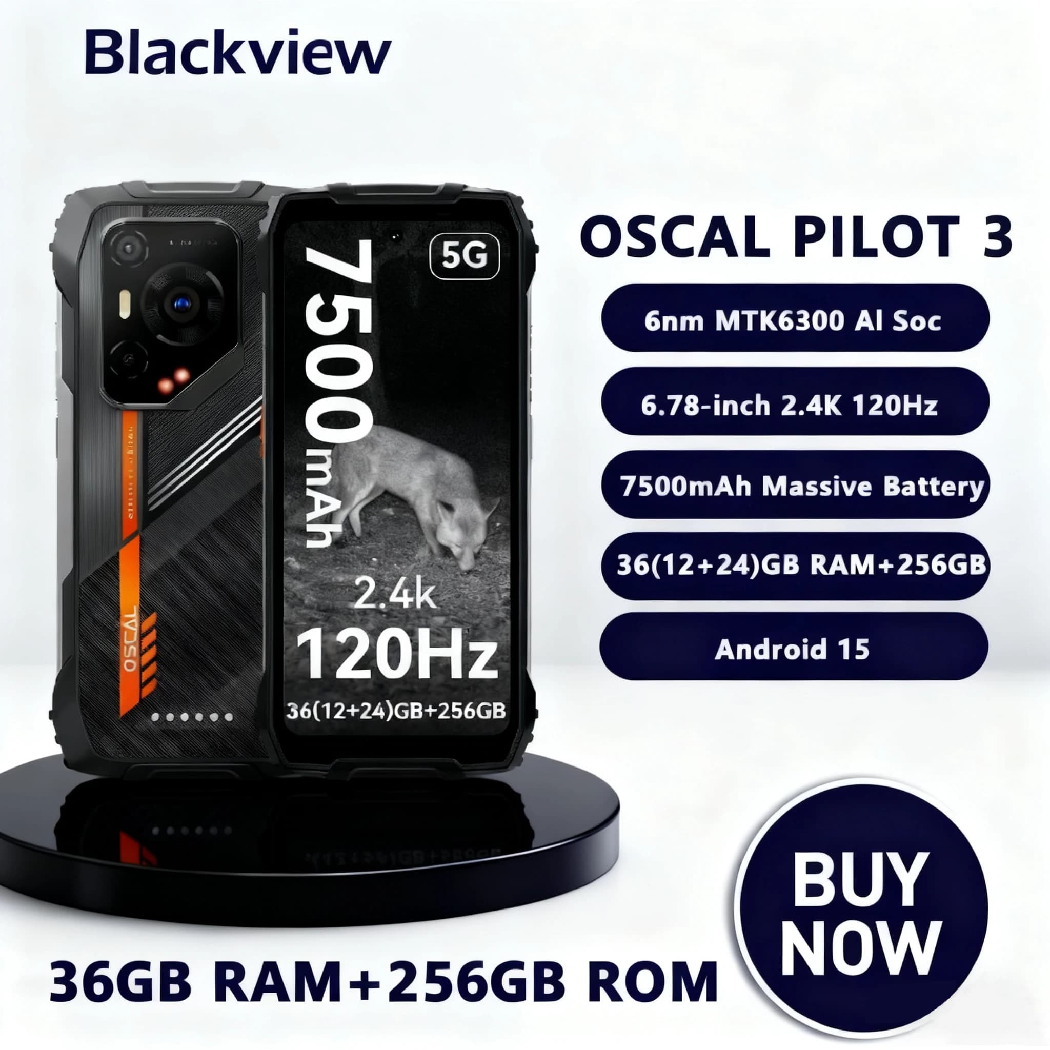 Blackview 5G AI Telefono robusto OSCAL PILOT 3 6.78 "FHD+ 2.4K Display Dimensity 6300 12GB 256GB 7500Amh Android 15 50MP 32MP NFC