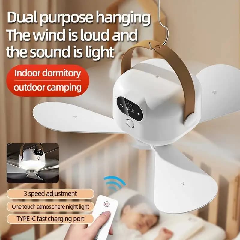 Portable Ceiling Fan 8000mAh Rechargeable Wireless Remote Control with Light, Strong Wind for Camping Tent Air Circulator