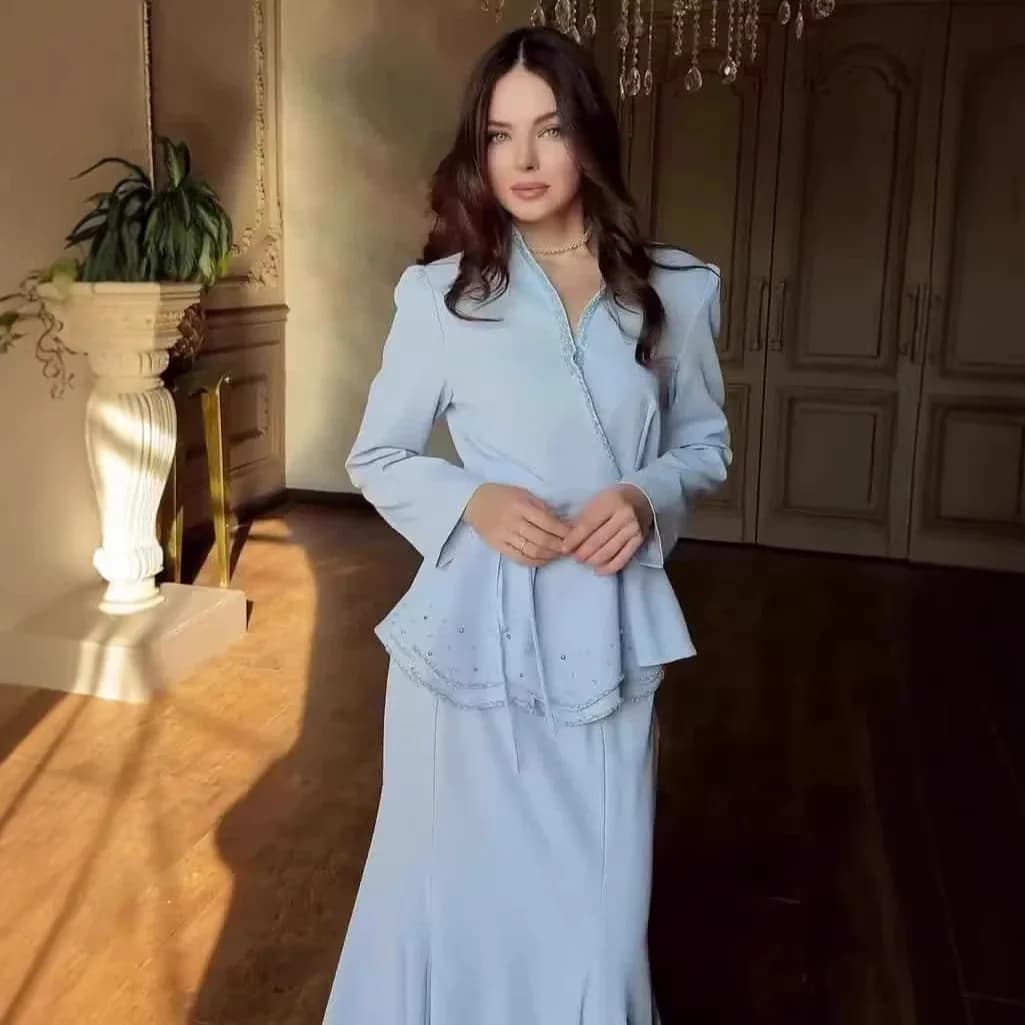 Completo Eid da Donna Musulmana: Top, Camicia e Gonna, Set 2 Pezzi con Perline, Abito Lungo con Fascia per Ramadan e Feste a Dubai