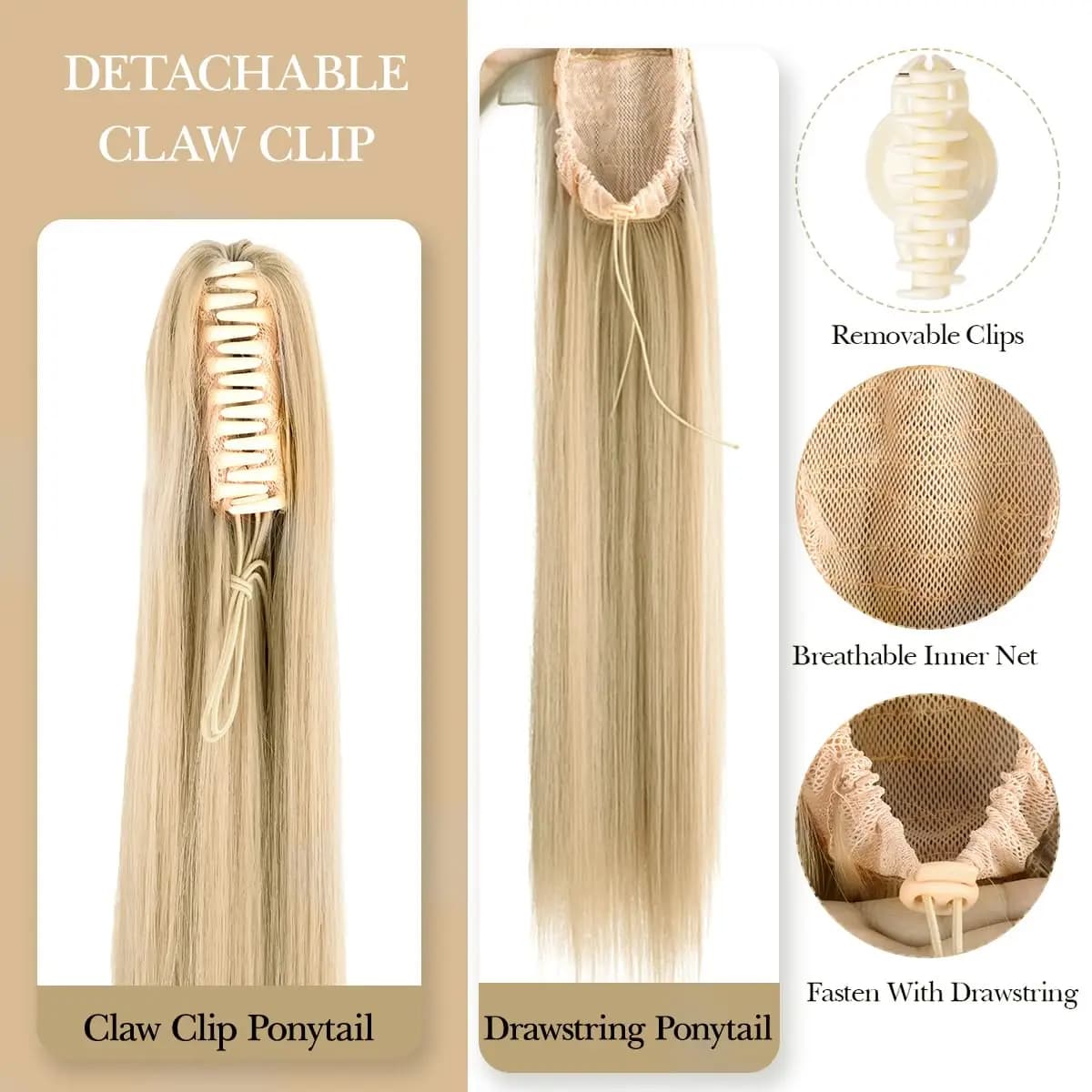 Synthetic Ponytail Hair Extension Long Straight Claw Clip Ponytail Heat Resistant Natural Wave For Women Blonde Hairpiece