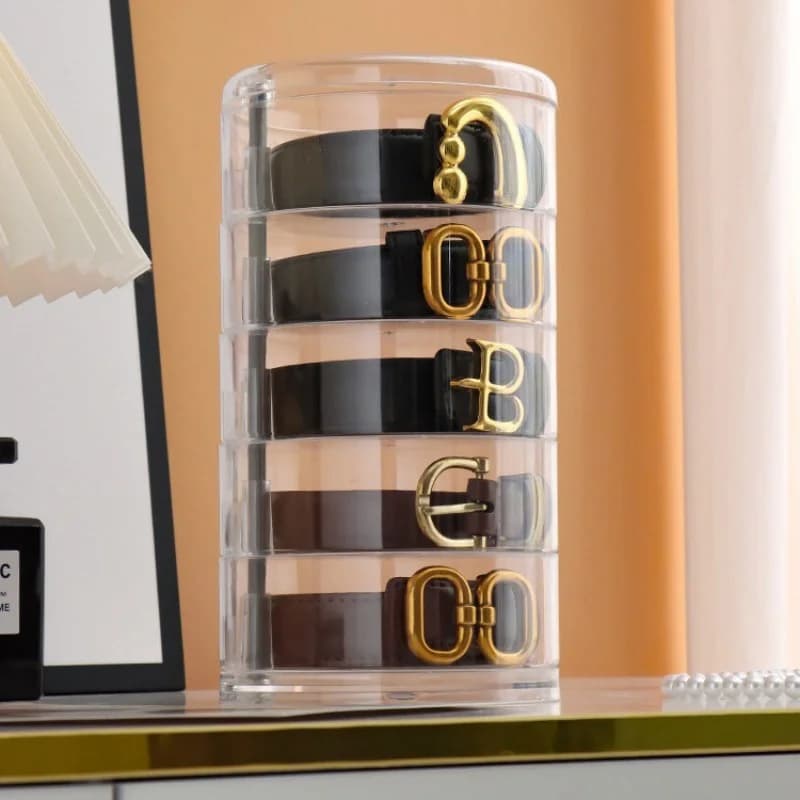 Transparent acrylic round object box, stackable display holder for watches, jewellery, cosmetics, bracelets, rings, handcrafted toys, tie