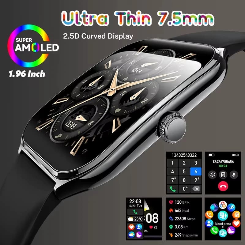 New Ultra Subtle Men Watch Smart 1.96 "AMOLED Display Curve Always Shows Call Time BT Ladies Smartwatch Cardiaca For Android IOS