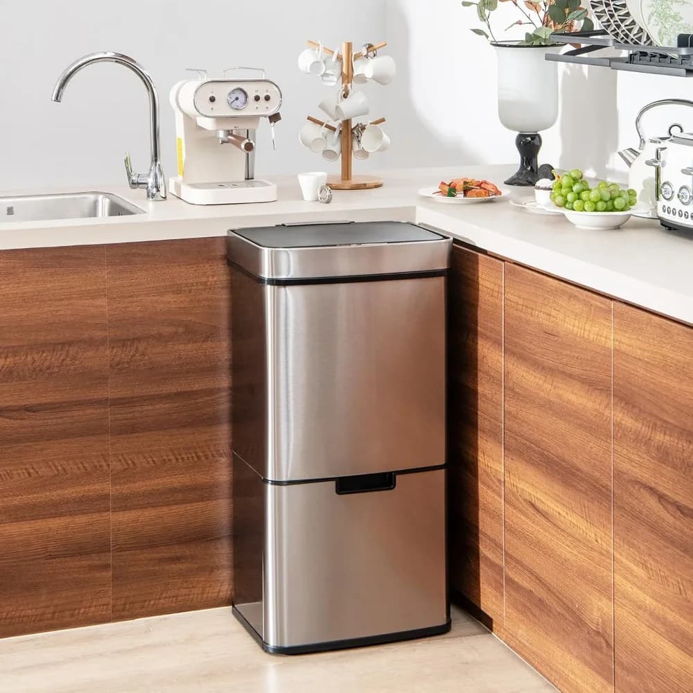 Cestino per rifiuti con sensore di movimento da 19 galloni, volume di 72 litri in 4 contenitori, cestino touchless con cestino per rifiuti da cucina e 2 scomparti inferiori, personalizzabile