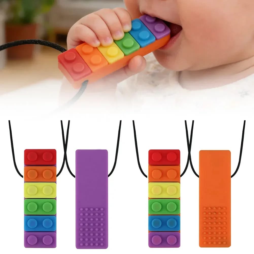 Collana da Masticare in Silicone a Forma di Mattoncino Arcobaleno, Massaggiagengive per Neonati, Strumenti Sensoriali per Bambini con Autismo