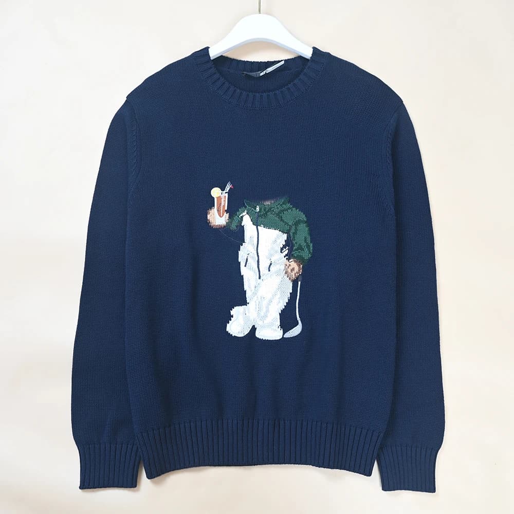 Thick Knitted Long Sleeve round Neck Men's Sweater Cartoon Embroidery Coarse Needle New Style Warm Casual Knitwear