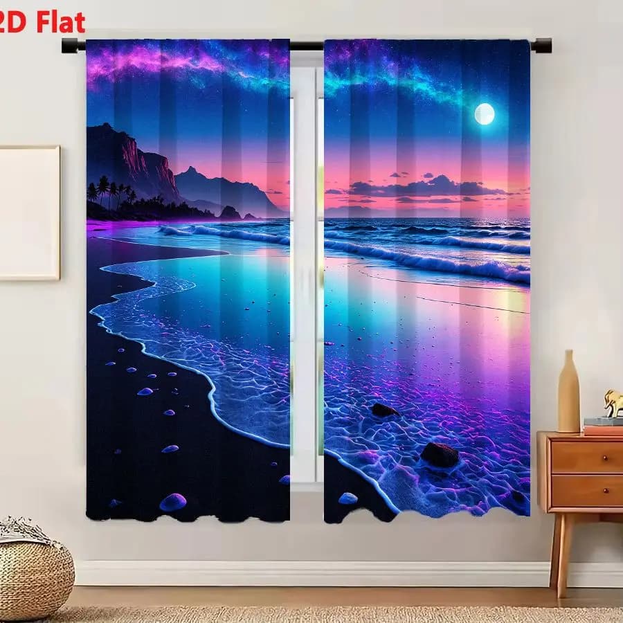 2Pcs Curtains 2D Flat Vibrant Surreal Beach Scene At Dusk Or Dawn With Gradient Sky Full Moon Galaxy Nebula Silhouetted Palm Tre
