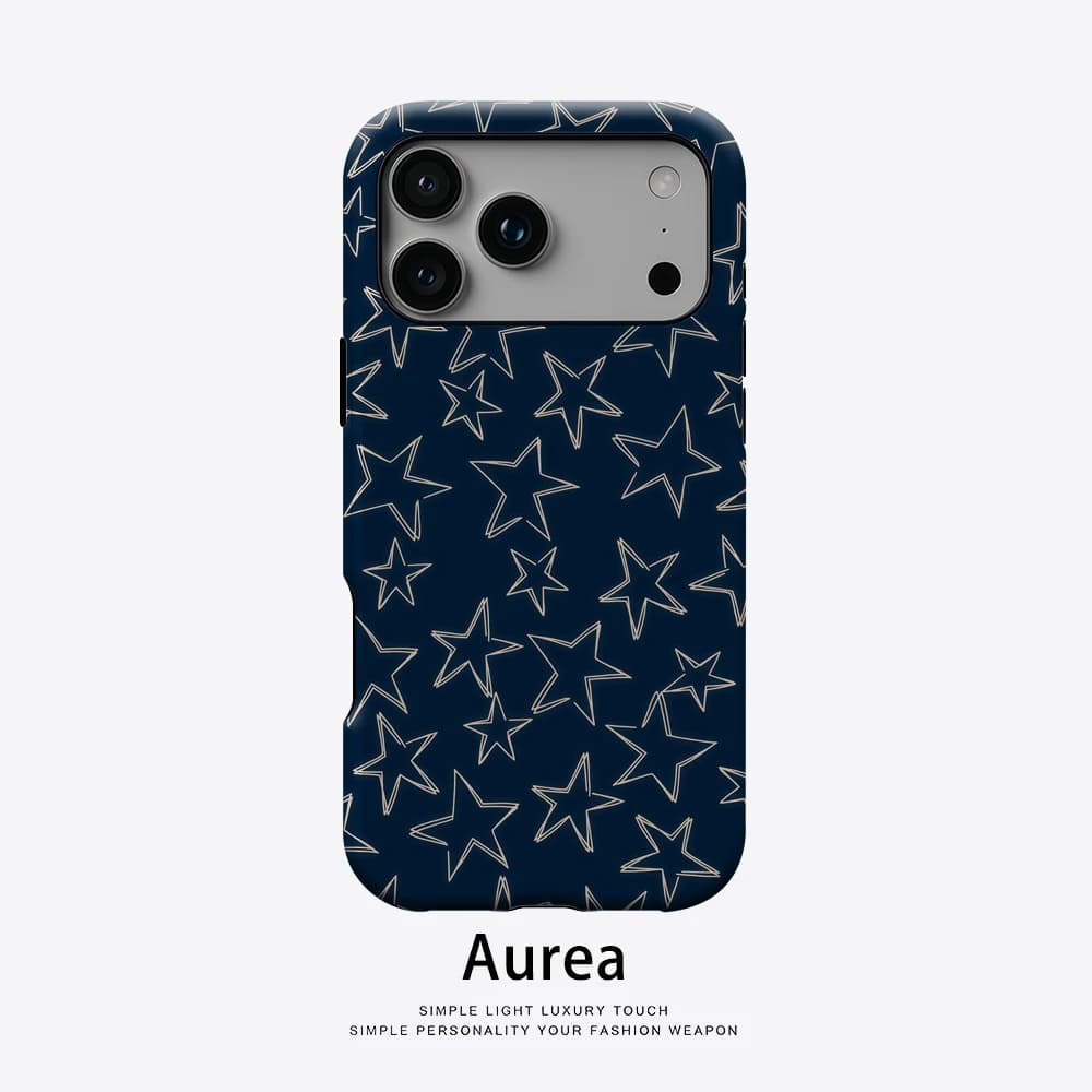 Custodia per telefono con linea a stella oro chiaro su blu scuro, compatibile con custodie magnetiche per iPhone 17 16 15 14 Pro Max Plus, custodia a strato singolo/doppio
