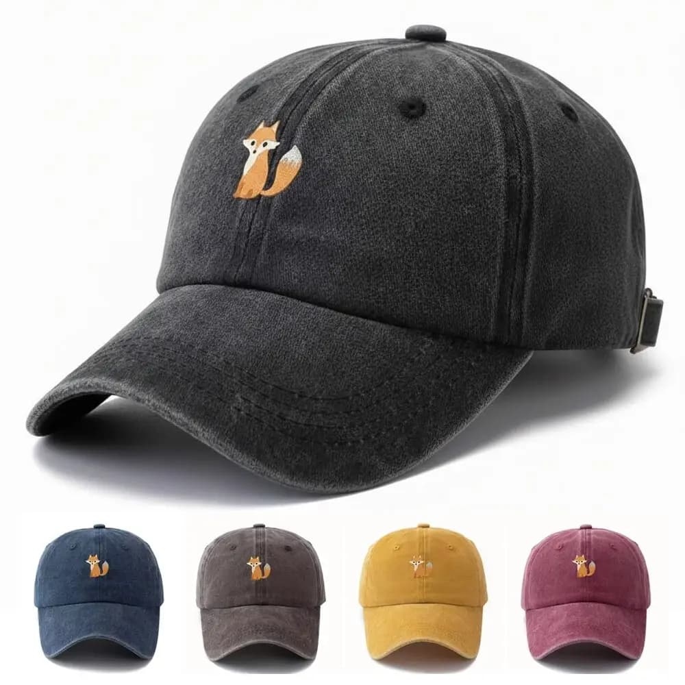 Cappellino da Baseball con Visiera Stampata con Motivo Volpe, Regolabile, in Cotone Lavato, per Esterni e Tempo Libero, con Protezione Solare Effetto Sbiadito