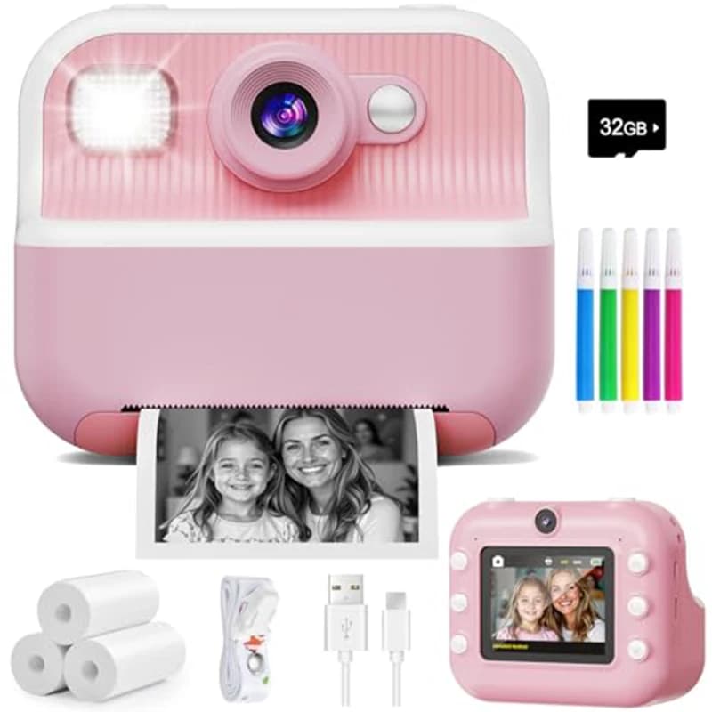 Fotocamera Istantanea con Doppia Fotocamera Frontale e Posteriore per Selfie, Videocamera Digitale Portatile 1080P con Stampa, Giocattolo per Ragazzi e Ragazze