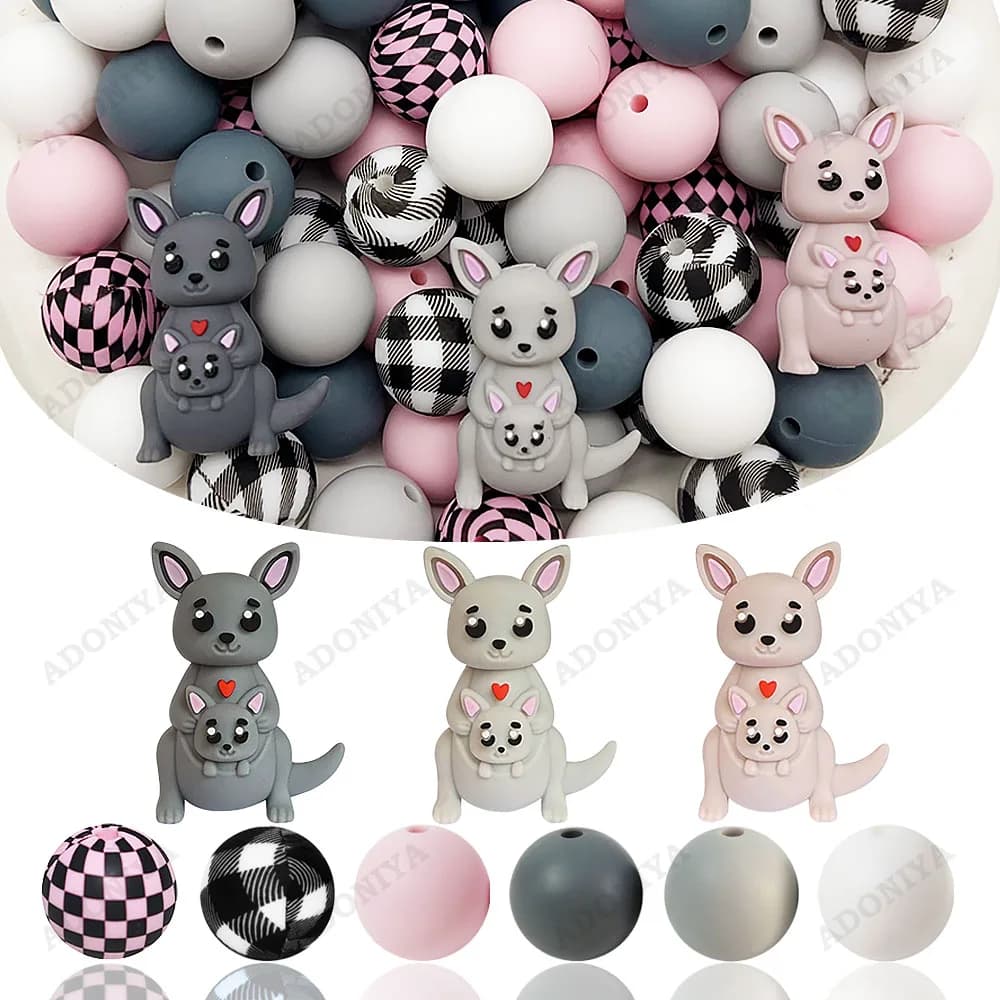 32/53Pcs 3D Kangaroo Series Silicone Beads Set DIY Beaded Necklace Bracelet Decoration Pen Jewelry Pendant Etc. Holiday Birthday Gift