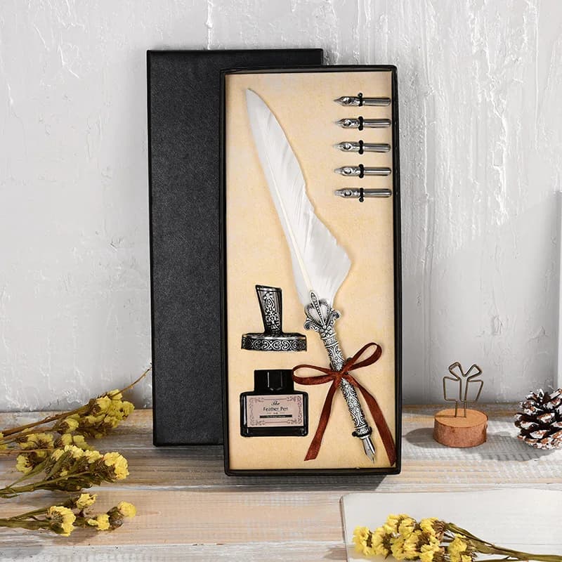 Retro Calligraphy Feather Dip Pen Set with Vintage Writing Ink Quill Seal Stamp Kit for School And Office Stationery Supplies