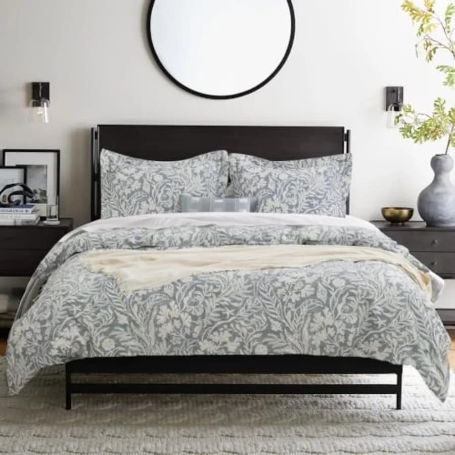 Set Copripiumino California King Size - Copripiumino 264x244 cm + 2 Federe, Set Biancheria da Letto in Cotone, Motivo Botanico Blu Grigio