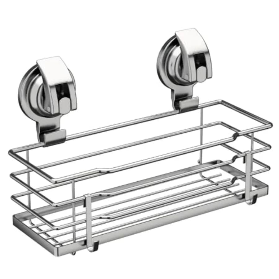 Suction Cup Shower Caddy, Shower Shelf Soap Dish with Hooks for Razor, Sponge, Rust Proof 304 Stainless Steel