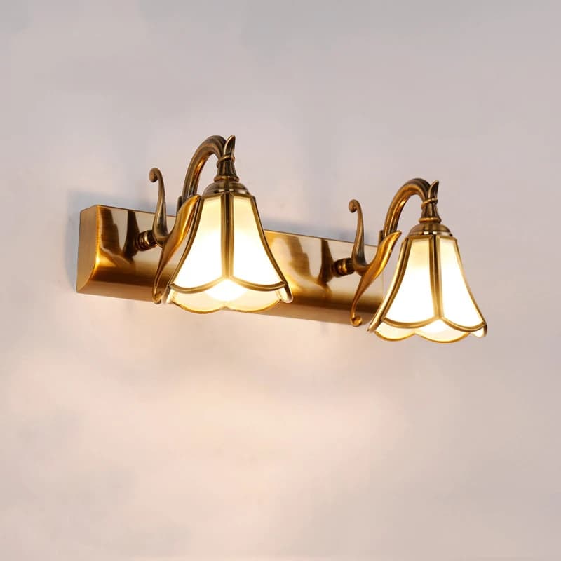 Lampada da parete dorata vintage europea 320mm tromba paralume in vetro camera da letto bagno WC specchio per il trucco lampada frontale lampadina E14 sostituibile