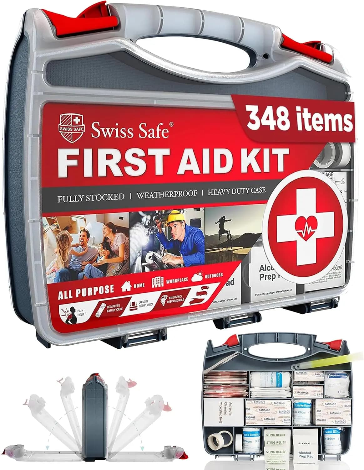 Kit di Pronto Soccorso 2-in-1 per Auto, Viaggi e Casa con Mini Kit Bonus - 348 Pezzi in Valigetta Rigida Grande, Eligibile FSA/HSA