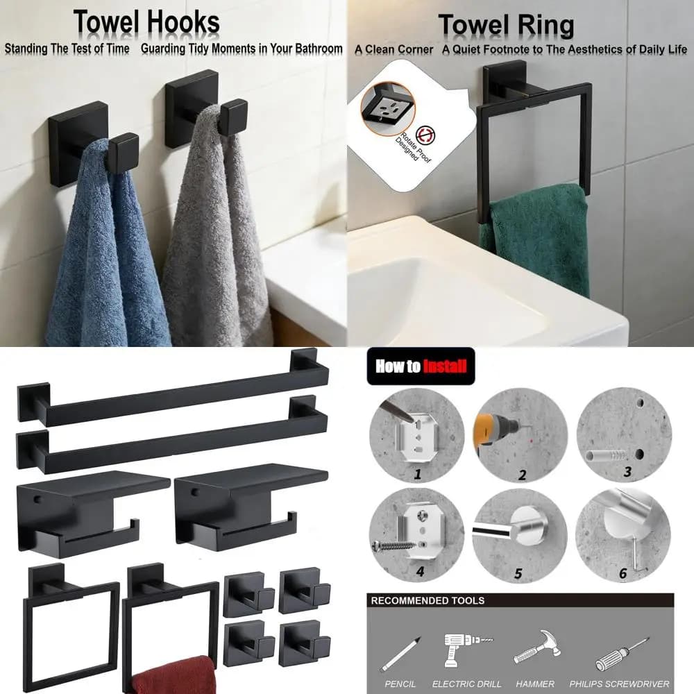 Set di accessori da bagno da 10 pezzi nero opaco con portasciugamani, supporti e ganci