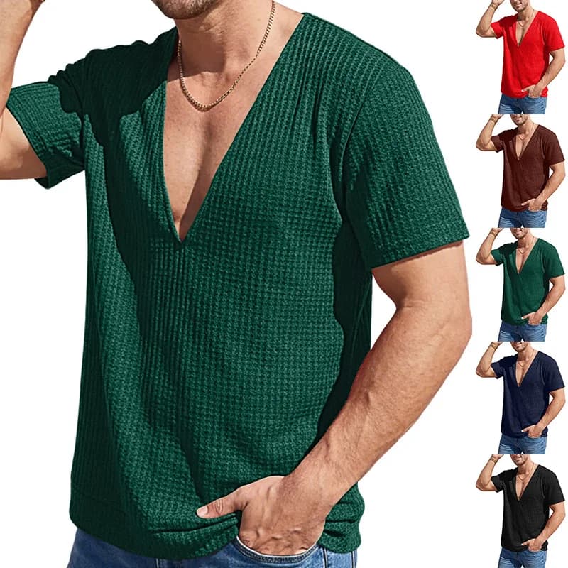 Men Waffle Knit Henley t Shirt Contrast Trim Small V Neck Solid Color Short Sleeve Top Summer Breathable Casual Versatile Tee