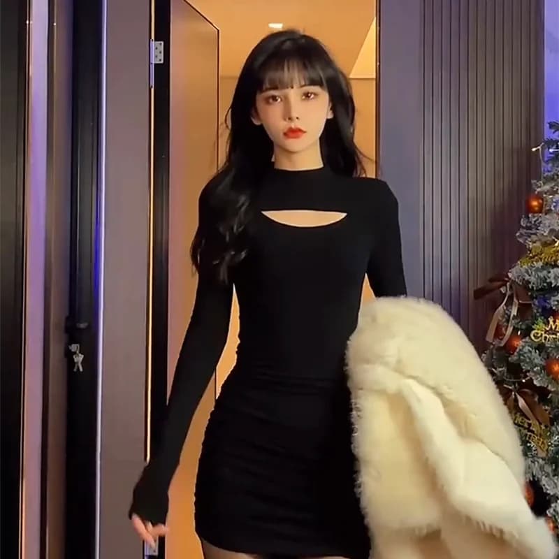 Black Hepburn Style Women's Dress Slimming Fashionable Age-Defying High Waist Knitted Short Skirt Korean Version Long Sleeve