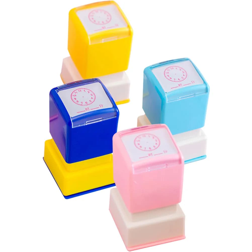 4Pcs Kids Clock Stamps Self-Ink Time Learning Stampers for Teaching Analog Digital Clock Recognition Creative Play Educational