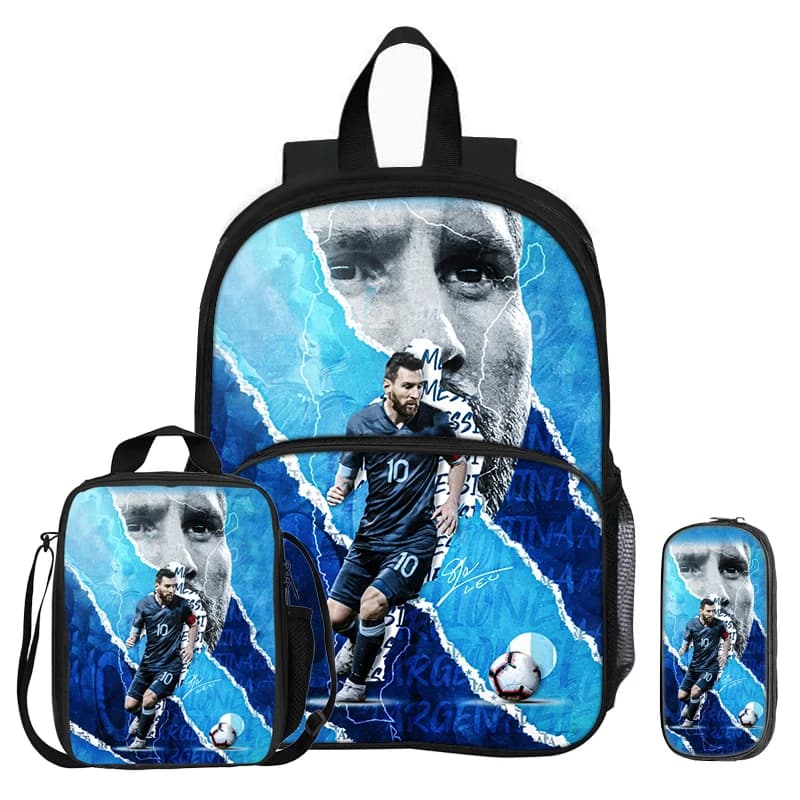 M-Messi 3 Pcs set with Front Pocket Backpack Football Sports with Thermal Insulated Lunch Tote Purse Football Star Pencil Case