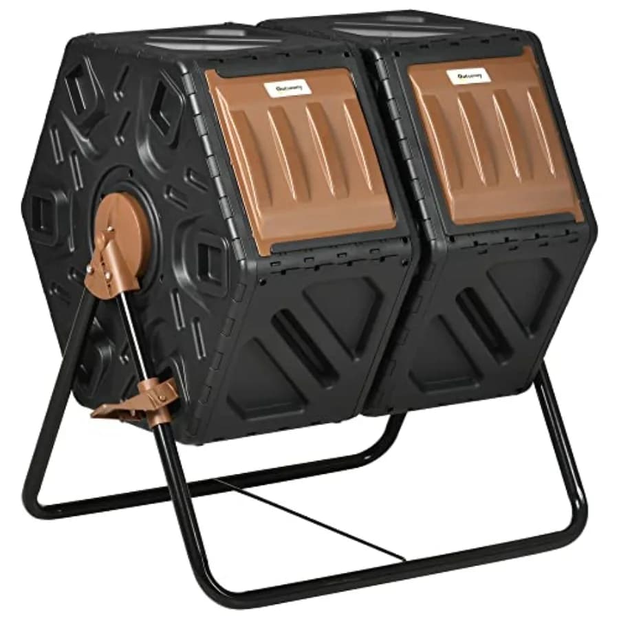 Outdoor compost tumbler bin with steel legs, black finish, dual-chamber design for efficient composting