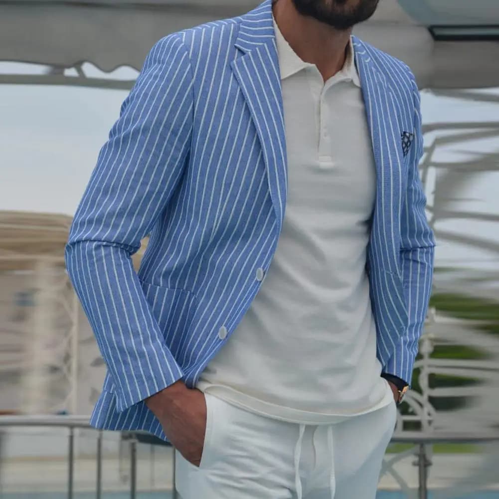 2024 Giacca da abito con stampa a righe da uomo Cappotto da abito a maniche lunghe con risvolto Cappotto da abito estivo formale da lavoro Giacca da uomo traspirante
