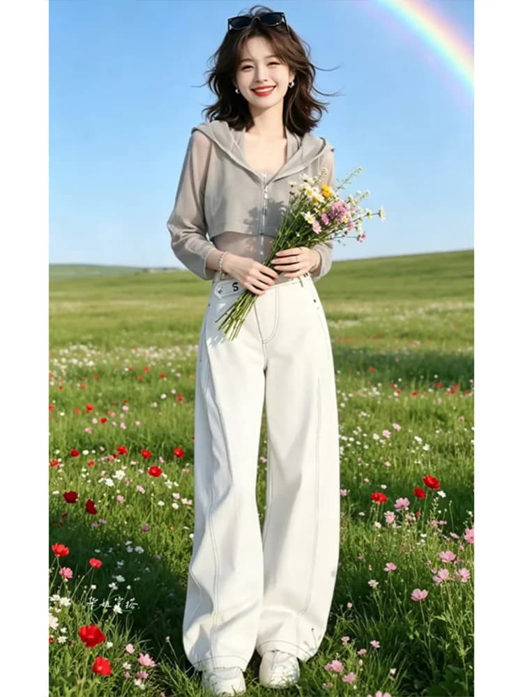 Fashionable Mesh Panel Hoodie And Straight Leg Pants Women's Set Summer New Style Casual Comfortable Breathable High Waist