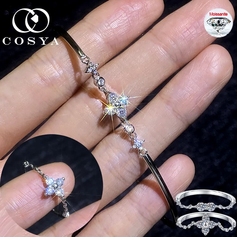 COSYA Pieno Moissanite Diamante Catena di Maglia Bracciale/Anello 100% S925 Argento Per La Donna D VVS1 Lab Diamante Festa di Nozze Gioielleria Raffinata