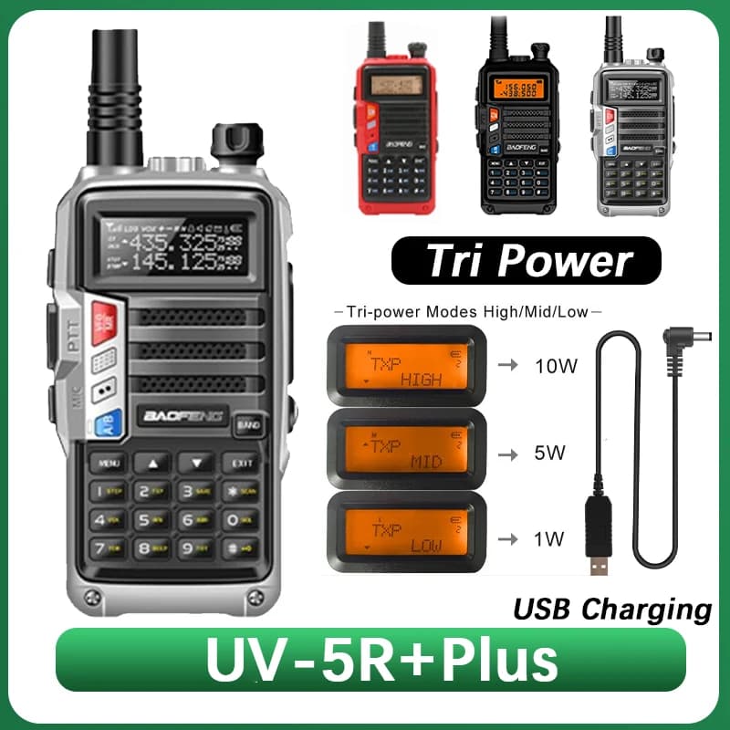 Baofeng UV-5R + PLUS 10W Walkie Talkie VHF UHF Tri Power Carica USB ad alta potenza a lungo raggio DTMF per aggiornamento UV-5R Ham Radio bidirezionale