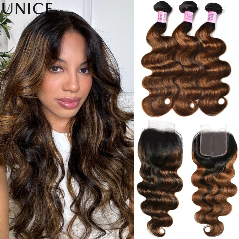 UNice #FB30 Balayage Highlights Body Wave Human Hair Bundles 2/3/4 PCS With 4x4 Lace Closure 100% Human Hair Bundles With Closure