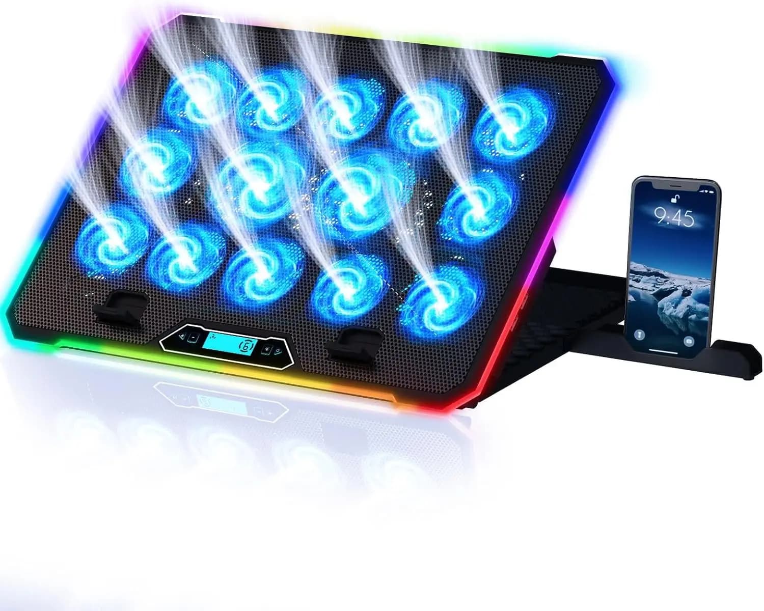 Base di raffreddamento per laptop da gaming con 14 ventole, supporto RGB, porte USB e supporto per telefono, per laptop fino a 17 pollici
