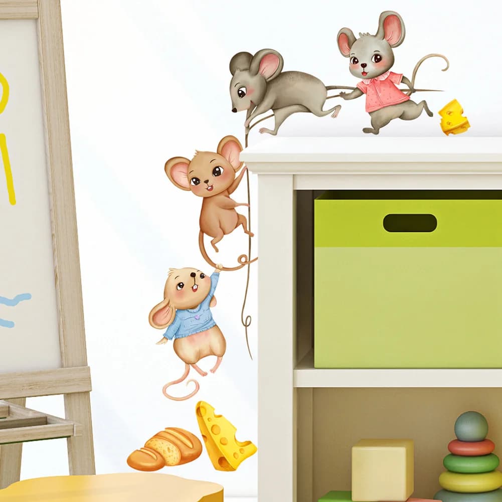 Adesivi Murali con Topolino Carino che Porta Cibo, Decorazione per Camera da Letto, Stanza dei Bambini, Cucina, Carta da Parati Autoadesiva con Cartoni Animati