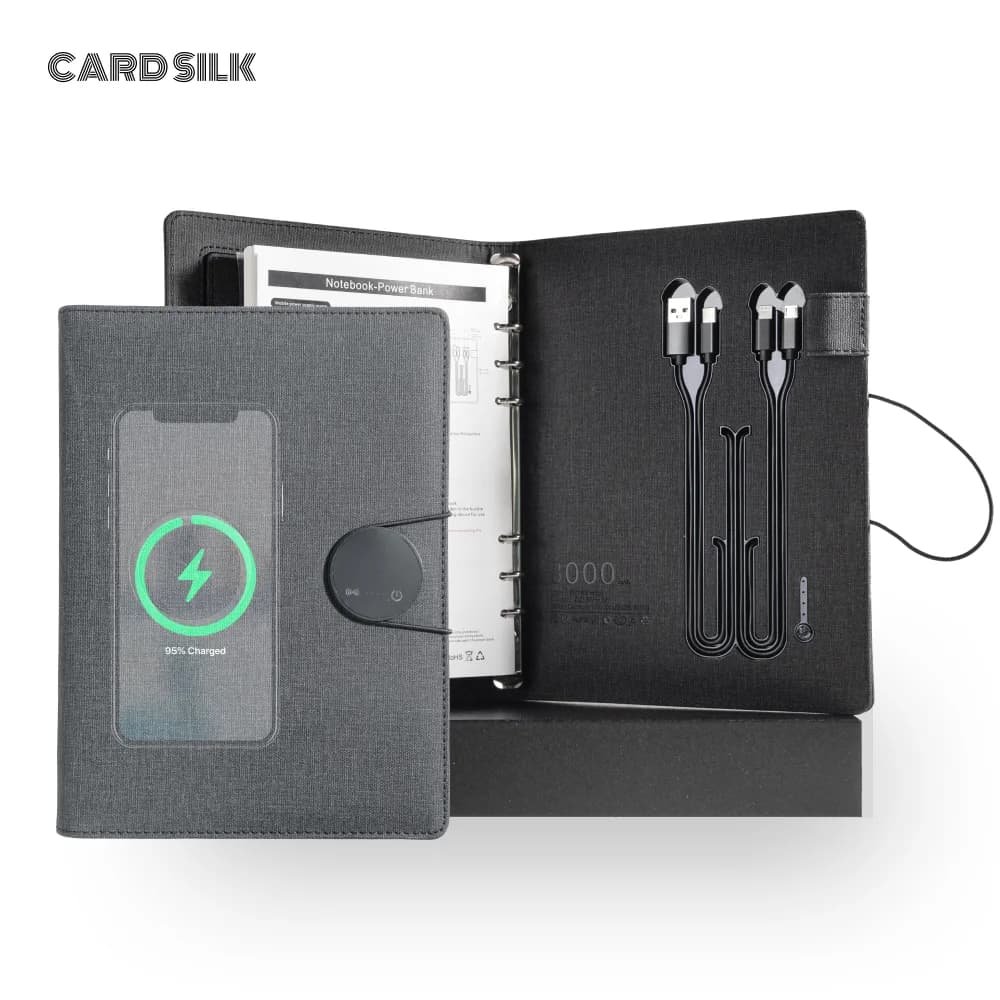 Notebook di ricarica wireless A5 con supporto per telefono pieghevole, cover in pelle di lino, cavo 3 in 1 e slot per schede per uso aziendale