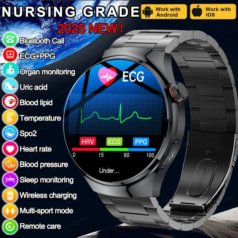 2025 Nuovo grado di infermieristico Smart Watch Ossigeno nel sangue Lipidi nel sangue Acido urico ECG + PPG Temperatura corporea Chiamata Bluetooth Salute Smartwatch