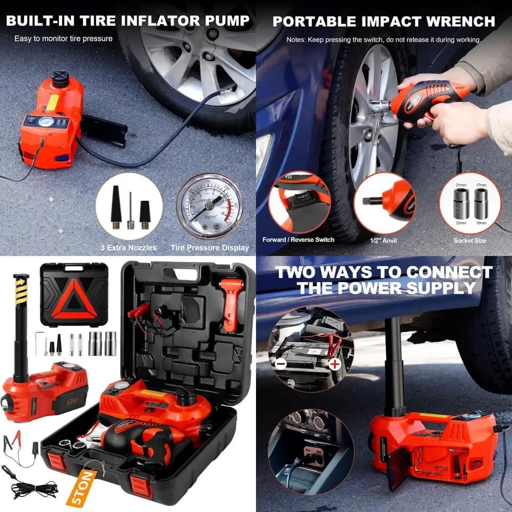 Kit cric idraulico portatile da pavimento da 12 V a 5 tonnellate con avvitatore a percussione, gonfiatore di pneumatici e luce a LED per SUV e sedani, sollevamento 6-17,7