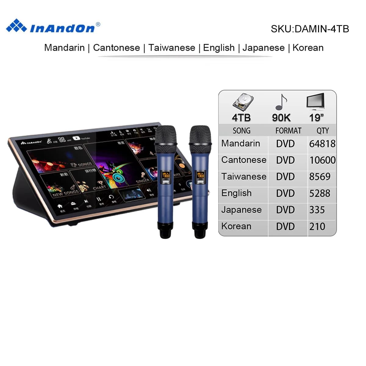 Lettore karaoke professionale touch 5 in 1 con mixer amplificatore per microfono DSP, macchina InAndOn KTV da 4 TB 77 K 19 '' con sintonizzazione a chiave