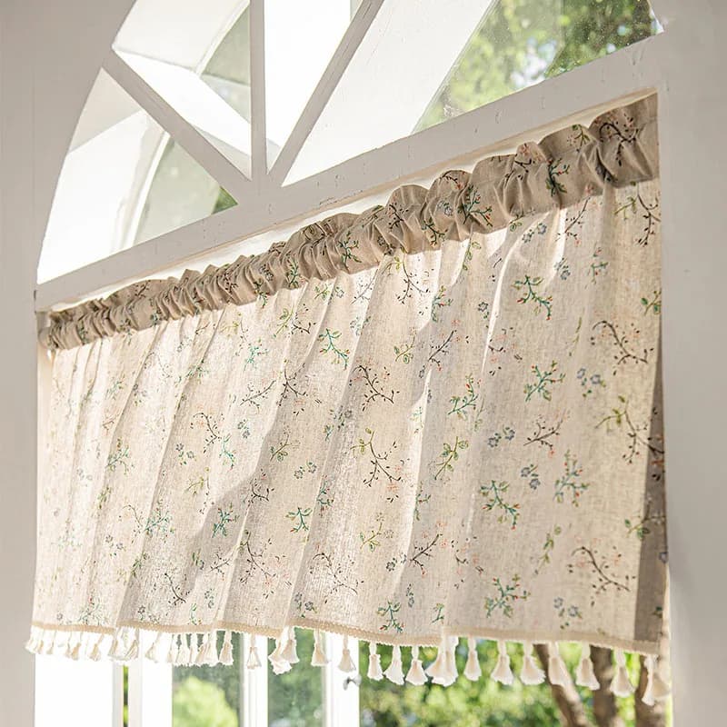 2Pcs Faux Linen Printed Short Curtains Semi-Shaded Kitchen Restaurant Curtains with Tassels Korean Rod Pocket Window Decoration