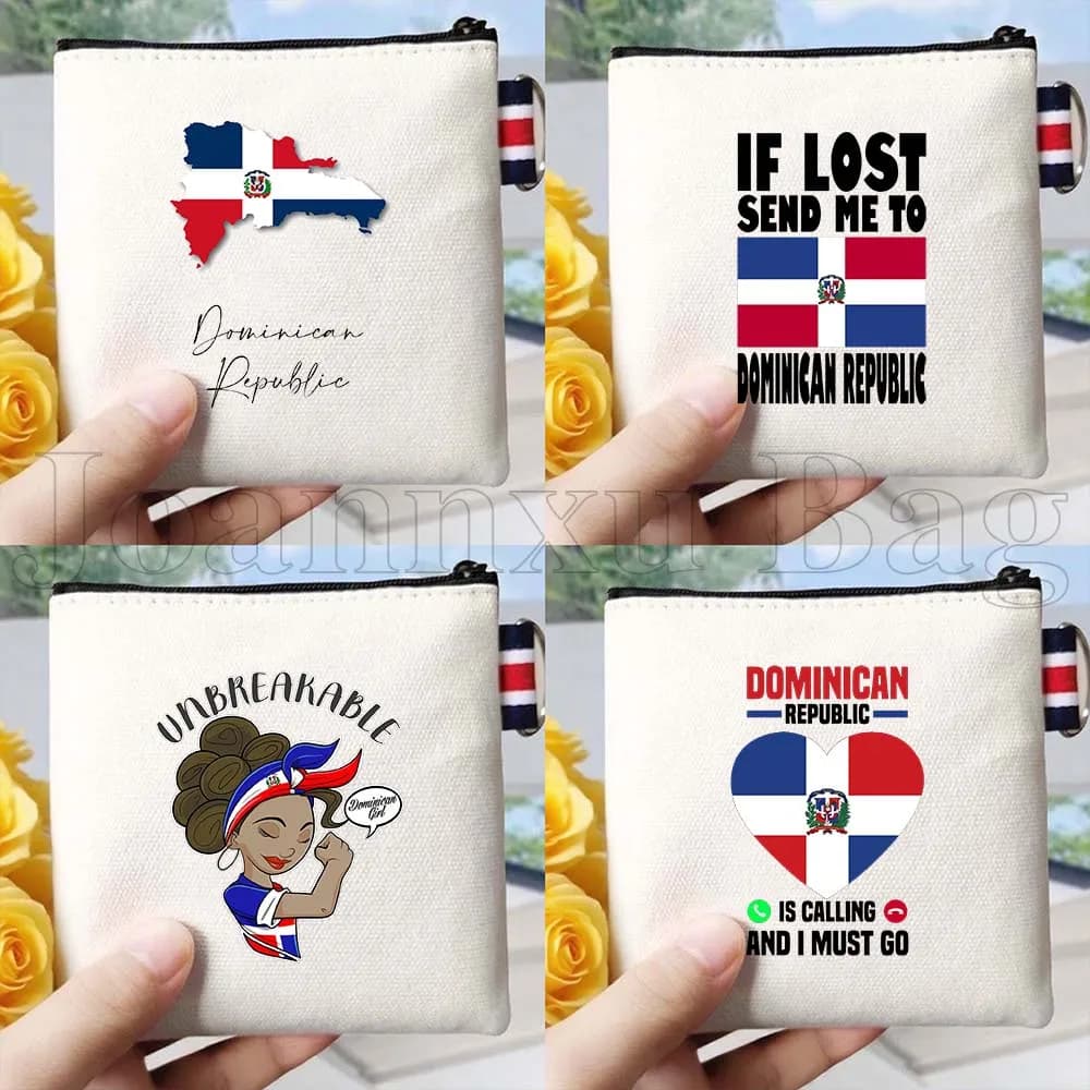 Portamonete in tela con bandiera e mappa della Repubblica Dominicana, regalo per ragazza, Santo Domingo, porta chiavi quadrato, porta carte, borsa in cotone
