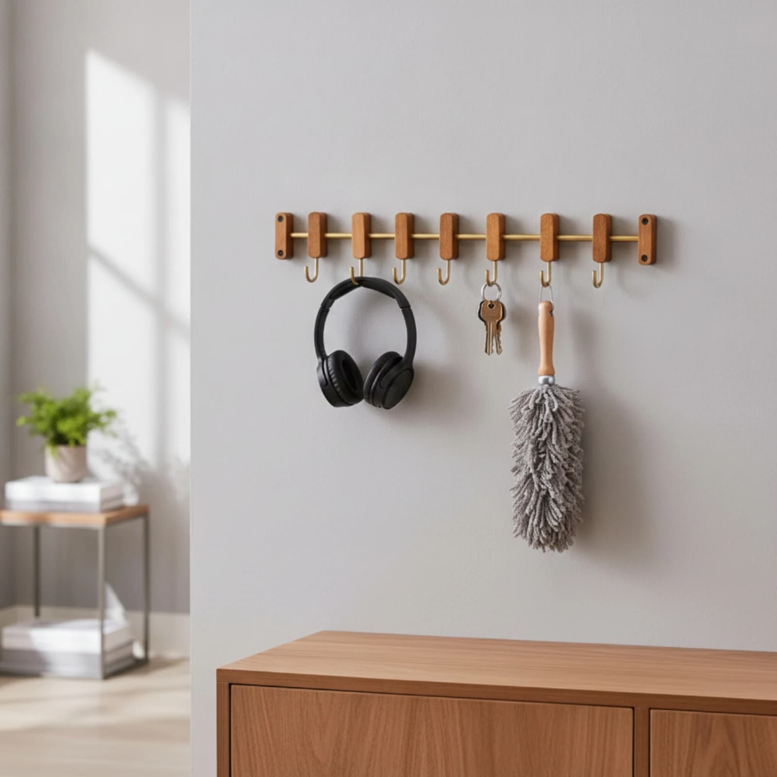 Wall Coat Rack with Sliding Hooks Stylish Wooden Hook Rack with Metal Rod Adjustable Wall Hanger Heavy-Duty Organizer Sturdy