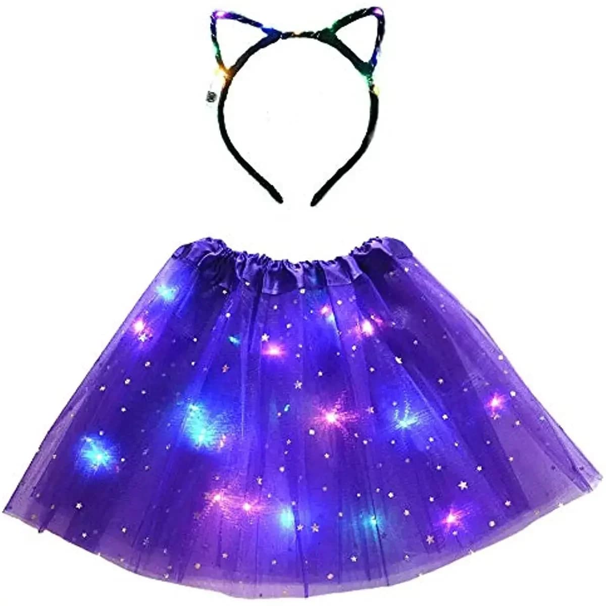 Set Costume da Gatto o Coniglio per Bambine con Gonna Tutu Luminosa, Corona e Cerchietti LED per Feste di Compleanno e Natale