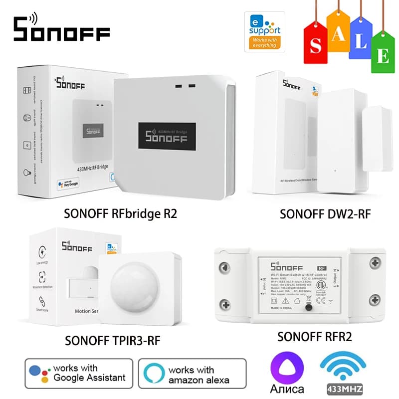SONOFF RF Bridge R2 433 MHz DW2 Sensore di movimento PIR3 per porte e finestre Kit sensore RF SONOFF Funziona con l'APP eWeLink Google Home Alexa