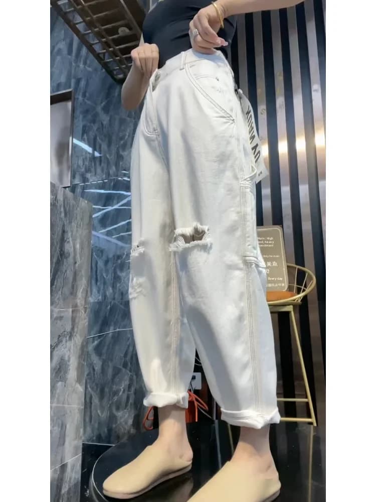 White Harem Denim Jeans Women's Spring Summer New Style Nine Points Wide Leg Loose Slimming Dad Pants High Waist Pure Color