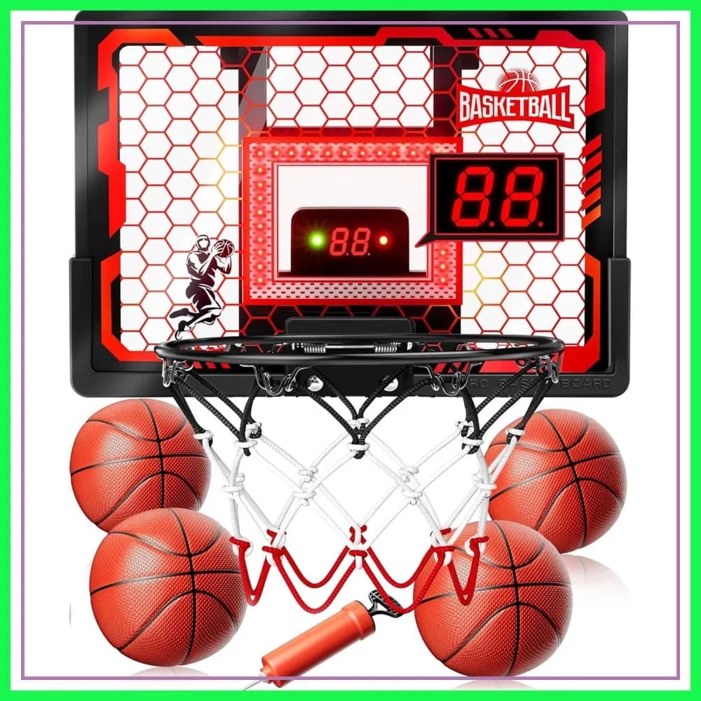 Canestro da basket da appendere alla porta migliorato con tabellone LED e 4 palloni, tabellone anti-impatto, divertimento indoor per bambini dai 6 ai 12 anni