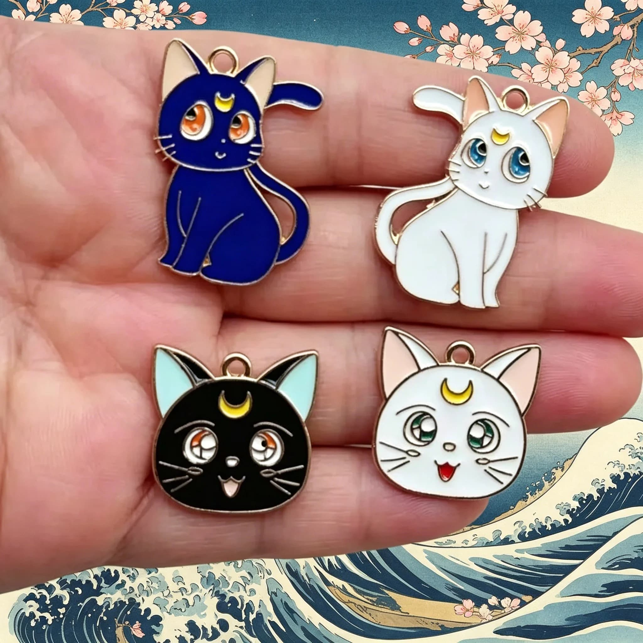 10 Pezzi Ciondoli Gatto Luna Smaltati Placcati Oro per Gioielli Fai da Te Orecchini Bracciali Collane