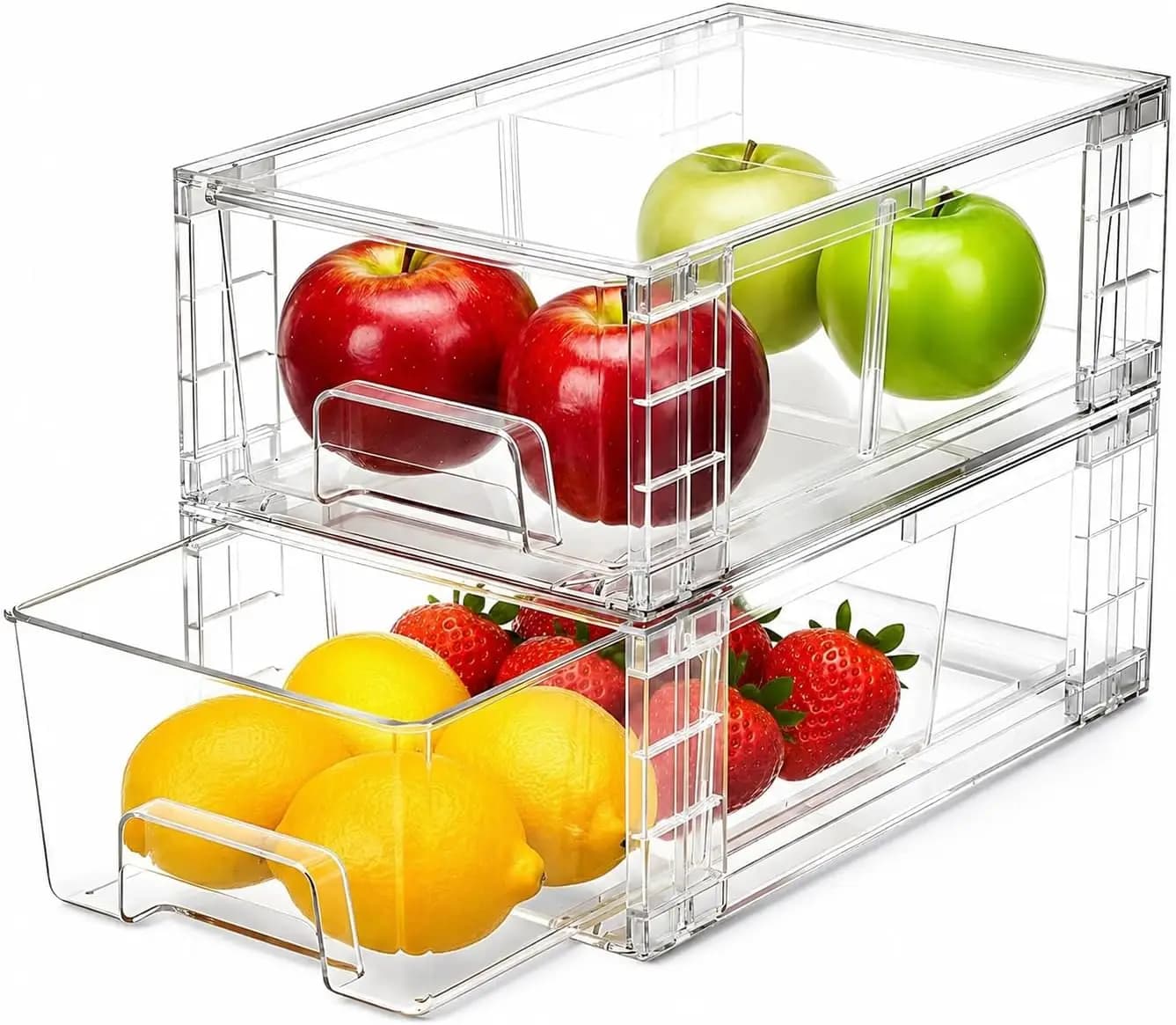 2‑Pack Stackable Storage Drawers, Plastic Organizer Bins with Handles & Movable Dividers, for Fridge, Bathroom, Pantry, Kitchen Cabinets, Under‑Sink Storage