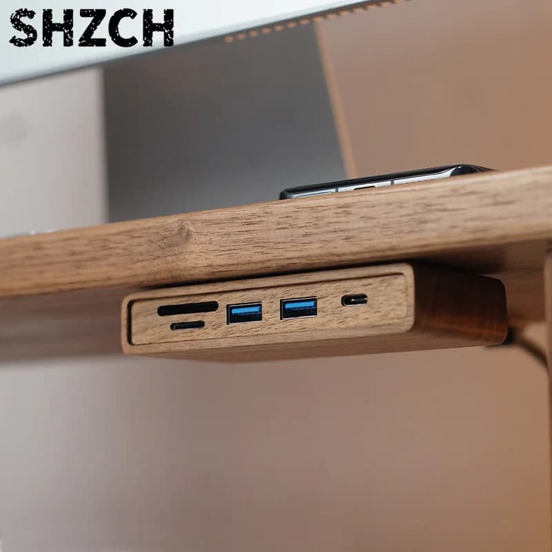 Black Walnut Wood USB Hub Under Desk Organizer Premium Desktop Riser Accessory with 3.0 Ports Multi-Device Charging Station