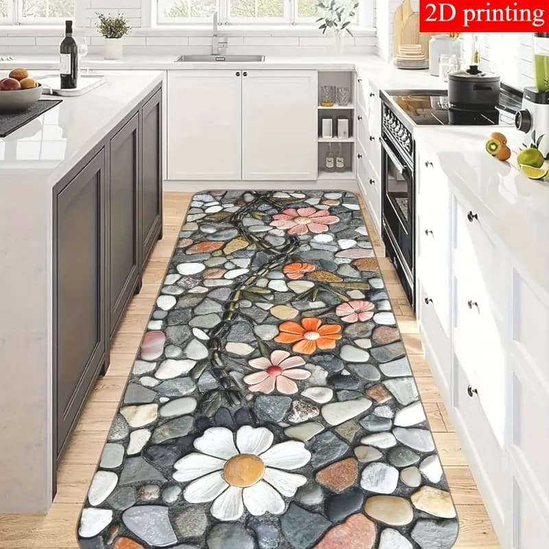 Tappetino da cucina VIKAMA 3D Pebble Flower, antiscivolo e resistente all'usura, tappeto lungo per camera da letto, tappetino per bagno e balcone, decorazione per la casa