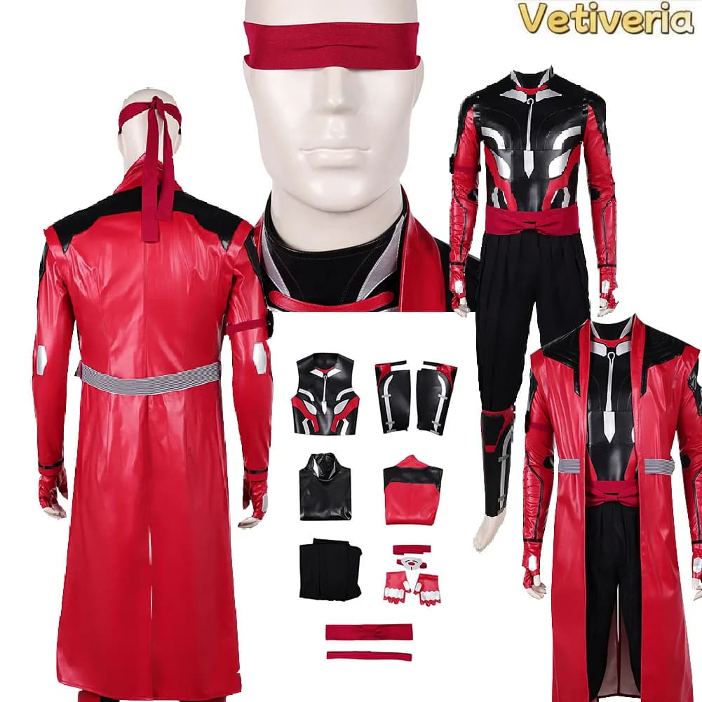 Costume Cosplay Maschile di Kenshi Takahashi dal Gioco Mortal Kombat 2, Set con Cappotto, Maschera per Occhi, Guanti e Cintura per Halloween e Feste in Maschera